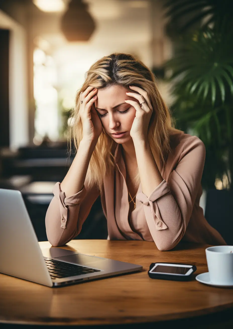 Woman sitting at a desk with hands on temples, displaying frustration and difficulty concentrating, highlighting the need for mental health support - Light Side Wellness Co."