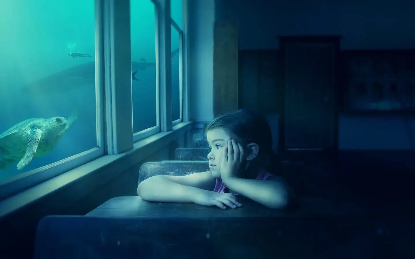 A young girl sits at a desk, gazing through a window where a sea turtle swims underwater. The dimly lit room creates a serene atmosphere that fosters Mental Health awareness. A whale is visible in the distance outside the window, reminding her to embrace tranquility amid life's chaos.