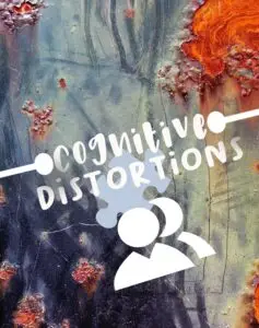 Abstract image with a textured background in shades of blue, orange, and rust. The words "Cognitive Distortions" appear diagonally in white. Below, an icon shows two heads with a puzzle piece between them, symbolizing Portland therapy's approach to mental health care.