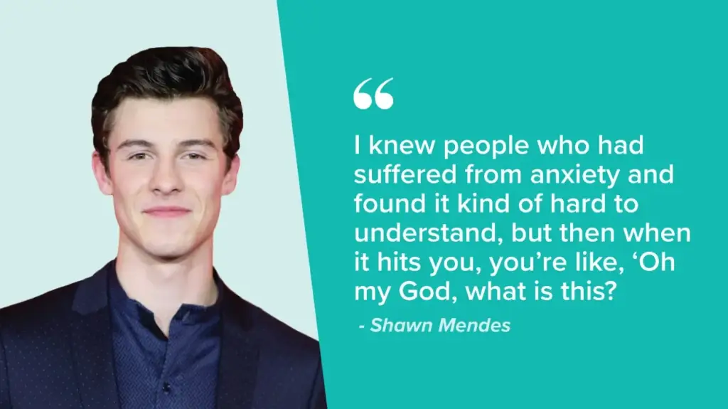 A person in a suit stands beside a quote on a teal background: "I knew people who had suffered from anxiety and found it hard to understand, but when it hits you, you're like, ‘Oh my God, what is this?’" - Shawn Mendes. Prioritizing mental health is essential at Light Side Wellness Co.