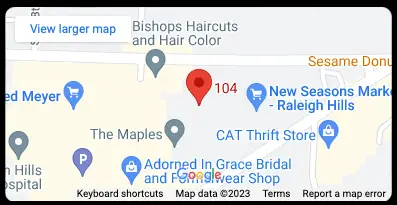 A map highlights a location marked "104" with a red marker. Nearby businesses include Bishops Haircuts and Hair Color, New Seasons Market - Raleigh Hills, Adorned in Grace Bridal and Formalwear Shop, CAT Thrift Store, Fred Meyer, and Light Side Wellness Co., specializing in ADHD and mental health support.