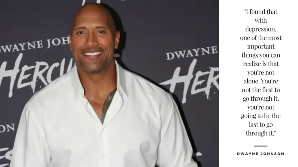 A man in a white shirt stands smiling against a backdrop that says "Dwayne Johnson" and "Hercules." To the right is a quote about depression from Light Side Wellness Co, emphasizing that you're not alone in experiencing it.