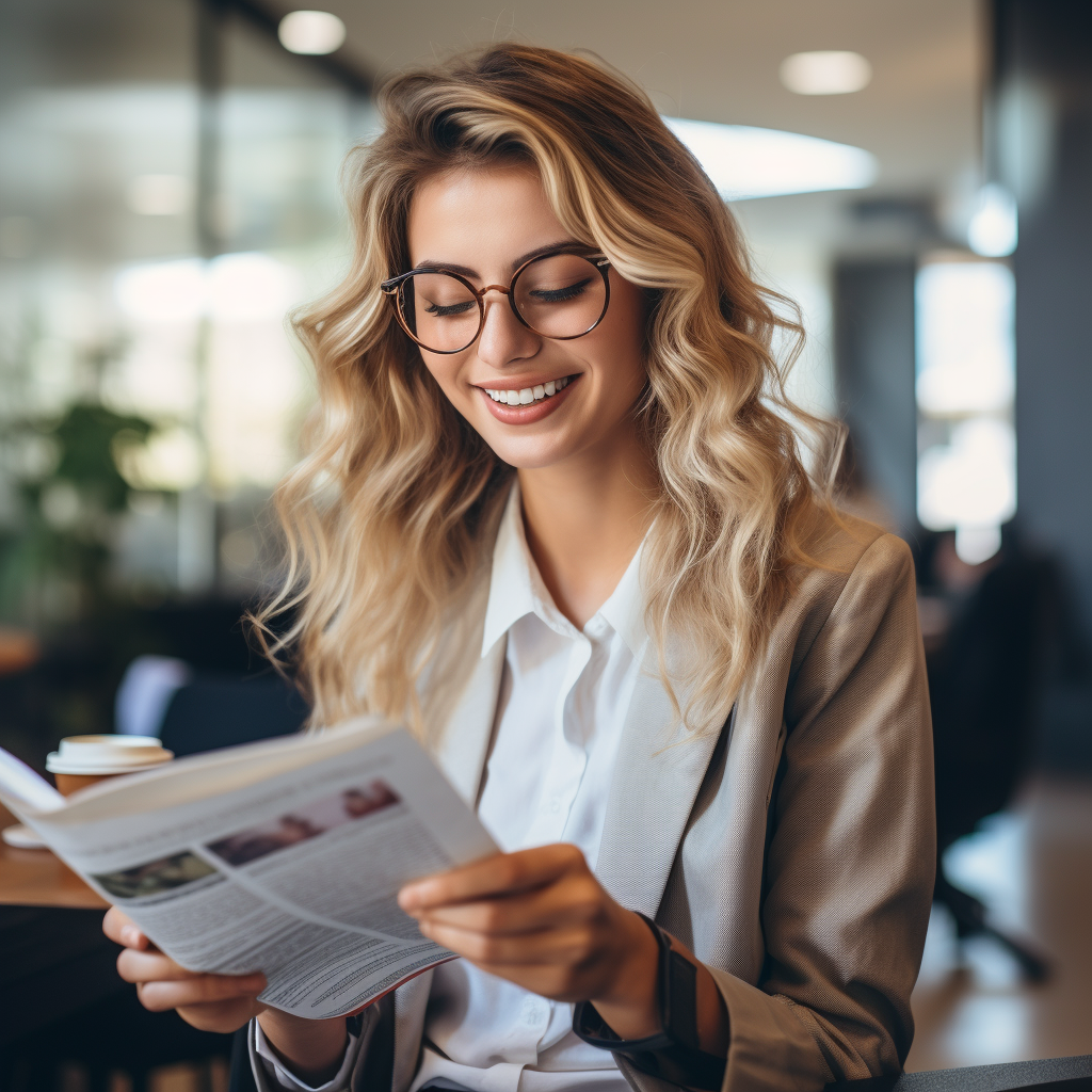 Young adult woman in casual office attire, happily engrossed in reading a paper, symbolizing workplace well-being and personal growth - Light Side Wellness Co.