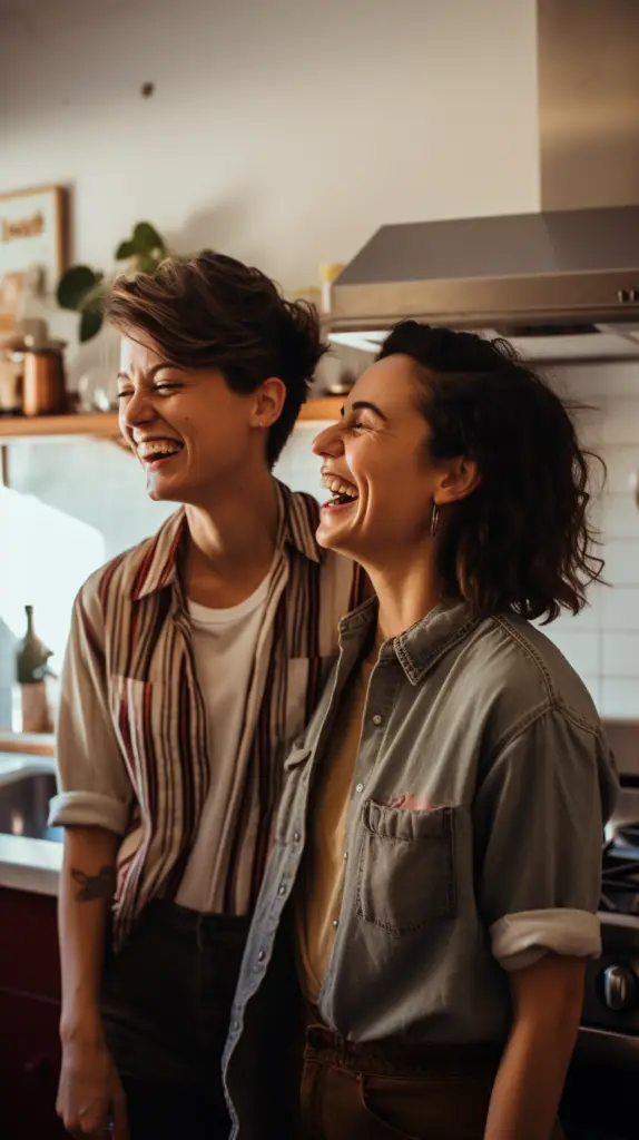 Joyful queer couple sharing a laugh in a cozy kitchen setting, celebrating romantic moments and LGBTQ+ relationship happiness and positive mental health - Light Side Wellness Co.