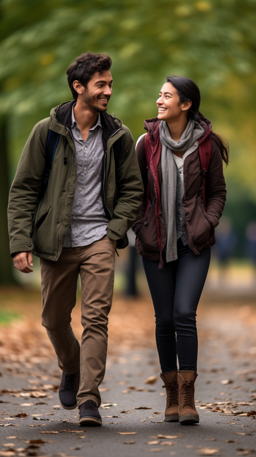 Candid shot of two young adults walking and chatting with smiles in a park, embodying friendship and relaxed enjoyment - Light Side Wellness Co.