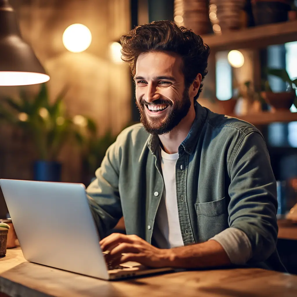 Smiling office worker composing a detailed letter, focused and content at their desk - Light Side Wellness Co.