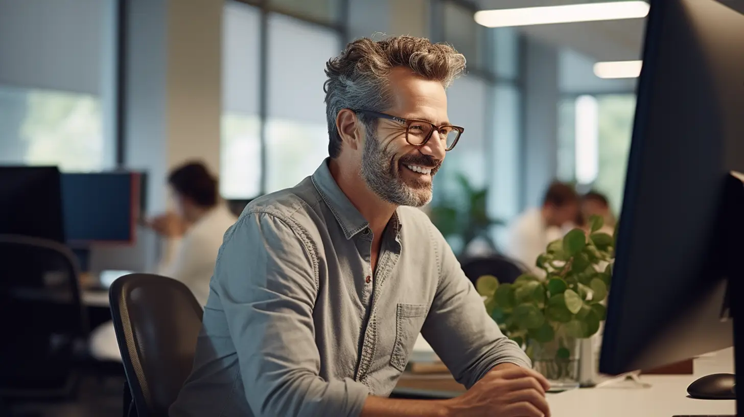 A man with glasses and curly hair smiles while working on a computer in a modern office dedicated to mental health. He is wearing a light gray shirt, and there is a green plant beside him. Blurred colleagues are in the background, collaborating on Portland therapy initiatives.