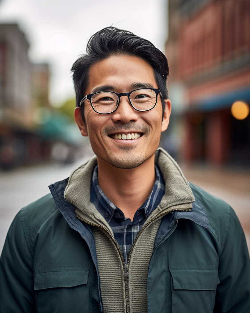 Smiling Asian man with glasses looking confidently at the camera, exuding positivity and mental well-being in a natural setting - Light Side Wellness Co.