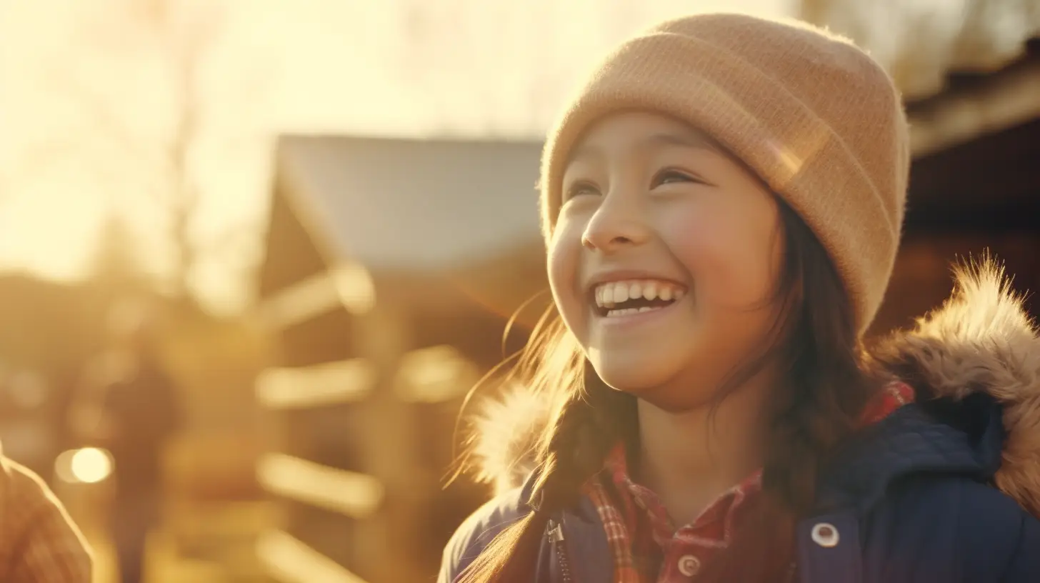 A young child with a beaming smile and braided hair wears a brown beanie and jacket, embodying the joy often highlighted in Portland therapy. They stand outdoors, bathed in warm, golden sunlight, with blurred trees and wooden structures in the background.