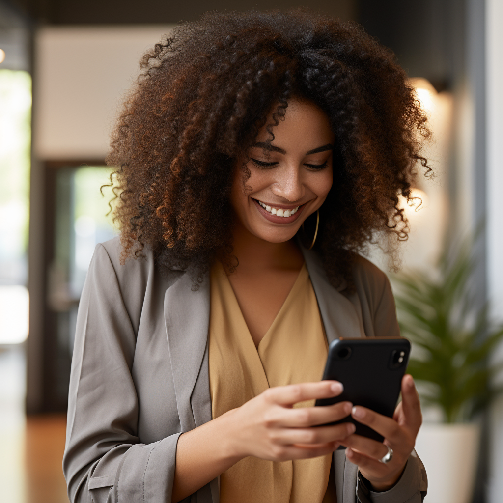 Close-up of an African American woman looking down at her phone with a joyful smile, engaged and connected - Light Side Wellness Co.