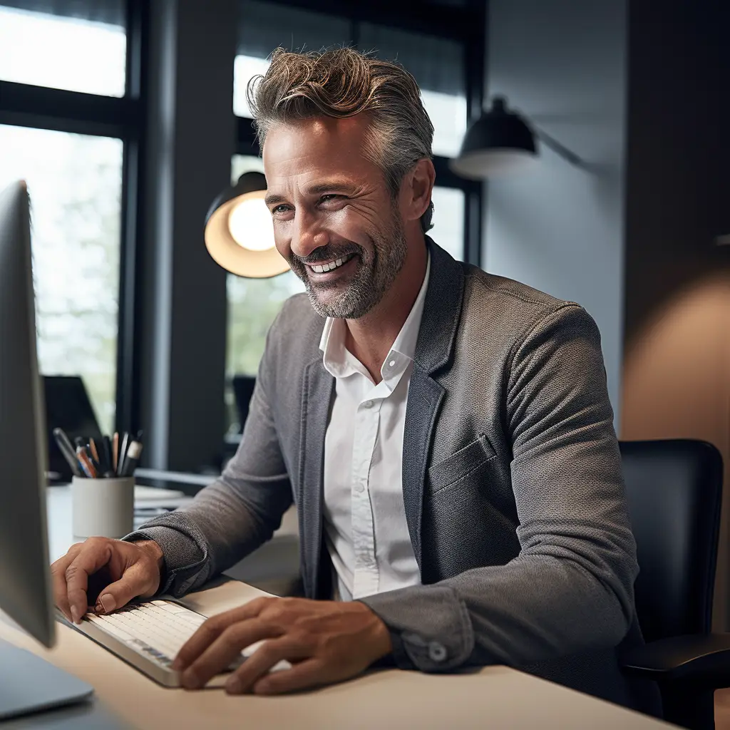 A man in a business suit sits at a desk, smiling as he works on a computer, perhaps scheduling his next Portland therapy session. The room is softly lit, with large windows in the background and office supplies scattered across the desk.