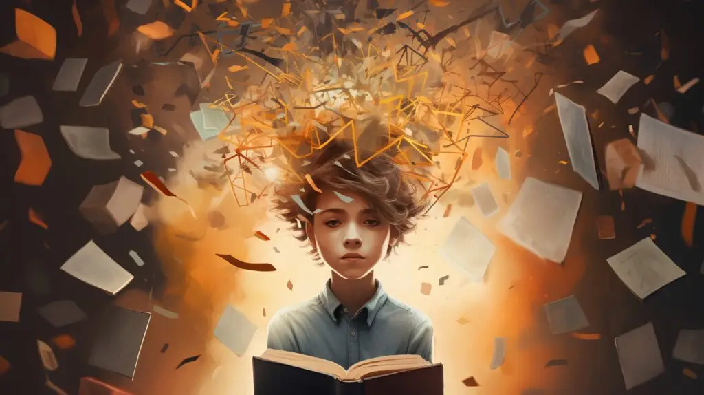 A young person with closed eyes holds an open book. Paper and orange swirl patterns float around their head, creating an aura of imagination and creativity—an artistic nod to mental health awareness. The background is a warm gradient of deep orange and dark gray.