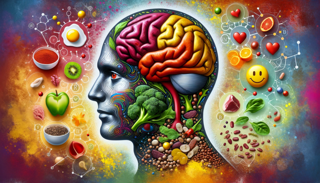 Brain made of iron-rich foods with sideways human silhouette, symbolizing mental wellness and iron's role in brain health, against a vibrant background with abstract neurotransmitter representations and happy mood symbols