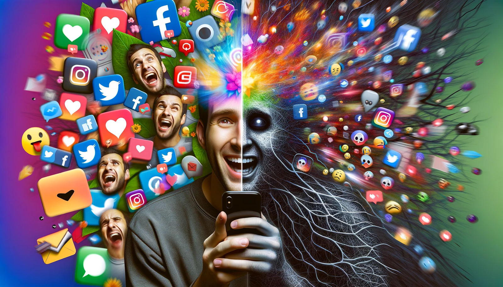 Split-scene image depicting the contrasting effects of social media on mental health, with one side showing a person happily engaging with vibrant social media icons, and the other side portraying the same person overwhelmed by dark, oppressive social media symbols, illustrating the dual nature of digital connectivity and mental strain.