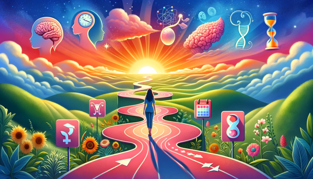 image representing the concept of women navigating the challenges of ADHD across different stages of life. This image symbolizes the journey of a woman with ADHD, depicted through a path that winds through a landscape changing from sunrise to sunset, indicating the various life stages. It includes symbols like a brain, a calendar for menstrual cycles, a pregnancy symbol, and an hourglass for menopause, set in a vibrant and empowering landscape that conveys resilience and growth.