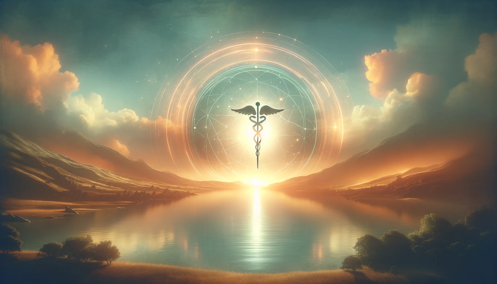 Sunrise over serene landscape with Rod of Asclepius symbol, depicting new beginnings and hope in mental health treatment with Long-Acting Injectable Antipsychotics (LAIs).