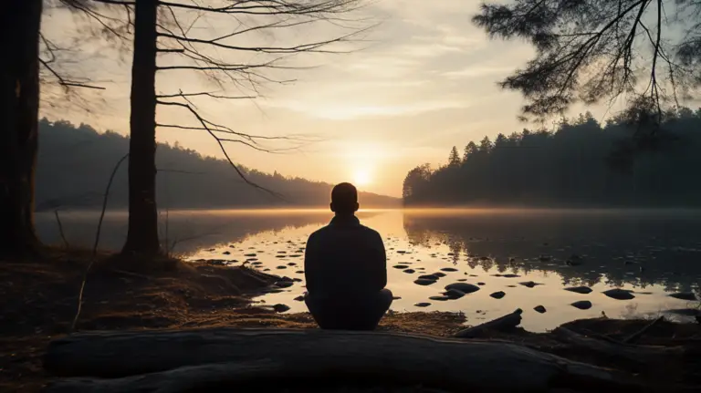 A person sits on a log by a calm lake, facing a scenic sunset, embodying the tranquility often sought at Portland therapy sessions. Silhouetted trees frame the view, and the sky is painted with warm hues, reflecting on the water's surface, creating a peaceful and serene atmosphere.