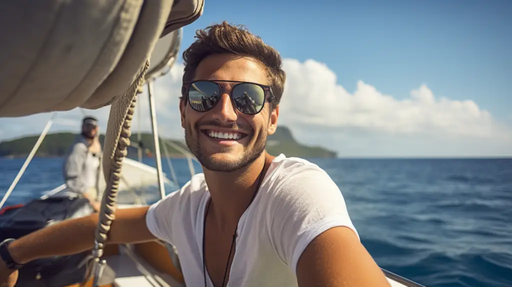 A man with sunglasses from Light Side Wellness Co smiles brightly while sitting on a boat. He is wearing a white t-shirt, and the ocean and distant hills are visible in the background under a clear, blue sky.