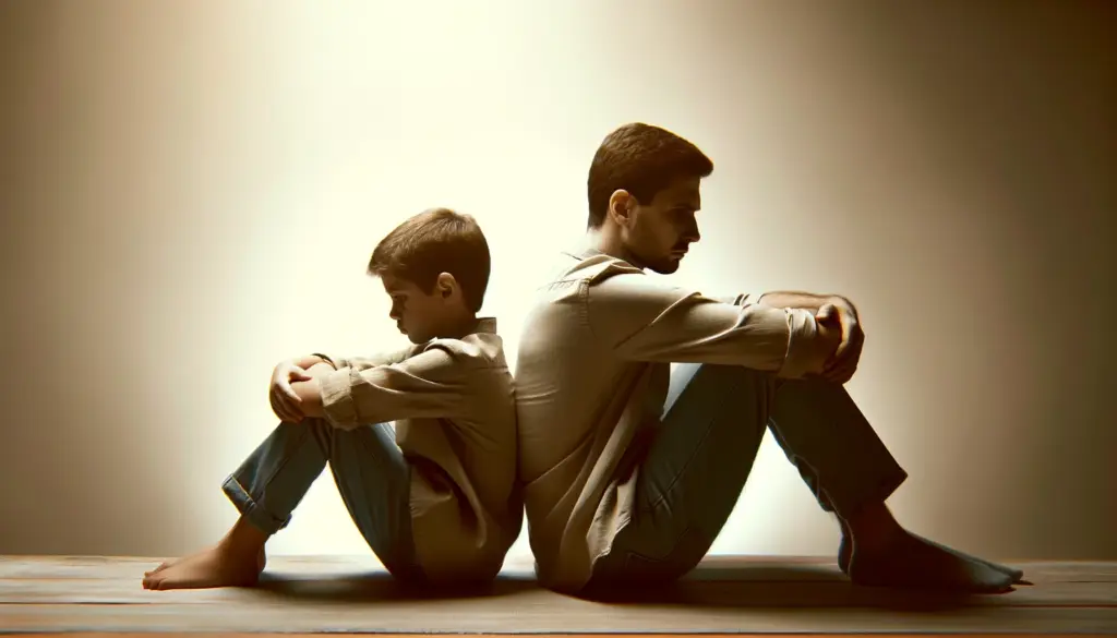 A man and a boy sit back-to-back on a wooden floor against a neutral background, embodying the quiet struggles of mental health. Their heads are down, arms crossed over their knees, evoking contemplation or conflict—a scene familiar in Portland therapy settings.