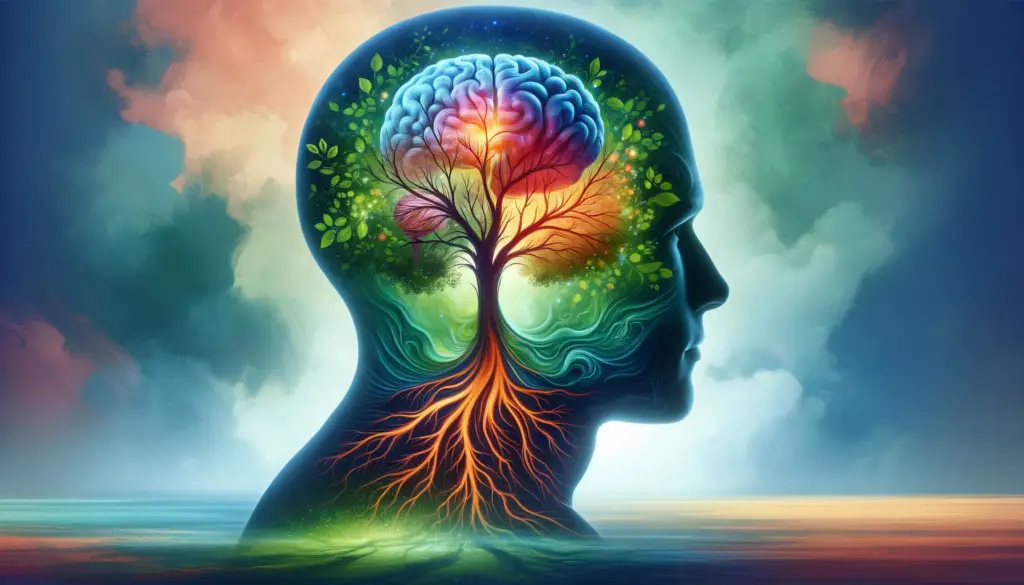 Abstract image of a human head silhouette with a tree inside. The tree's branches form a colorful brain, symbolizing ADHD and mental health, while roots extend downward. Background features clouds and a horizon, highlighting connections between nature and the mind—a Portland therapy inspiration.