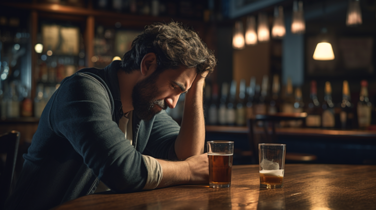 Man sitting alone at a bar looking sad, with a half-empty drink in front of him, depicting the struggles of addiction and the link to untreated ADHD as discussed in an article about substance abuse and mental health challenges - Light Side Wellness Co.