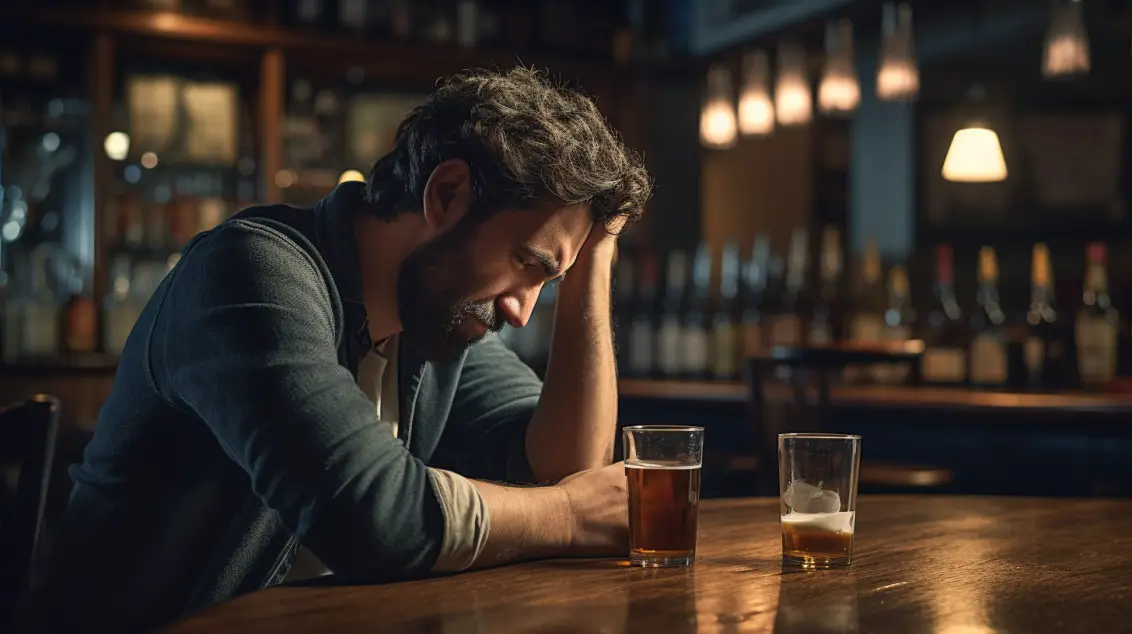 A man sits alone at a bar in Portland, leaning his head on his hand, looking contemplative. With two drinks before him on the wooden counter, he ponders life's complexities. The softly lit backdrop hints at shelves with bottles, evoking a sense of introspection akin to Portland therapy sessions.