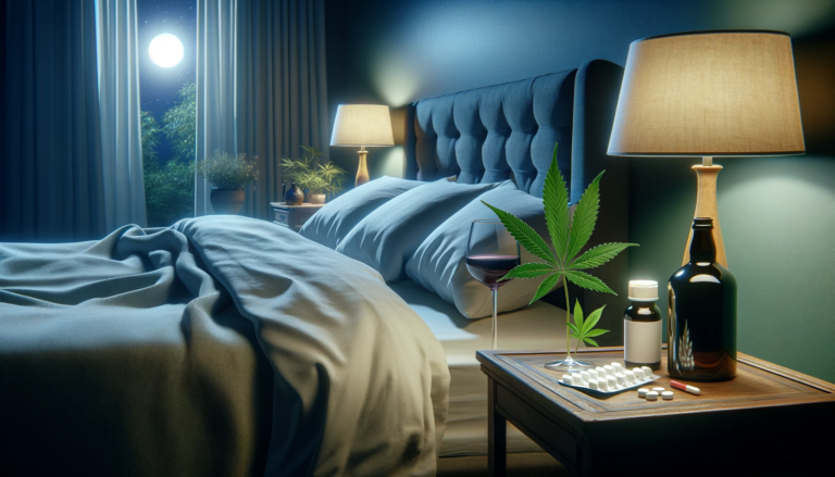 Serene bedroom at night with bed, soft lighting, and nightstand featuring a glass of wine, marijuana leaf, and antihistamines, highlighting sleep health and substance effects