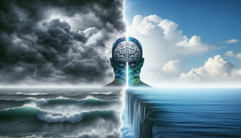 Split landscape depicting PTSD and benzodiazepines impact - tumultuous ocean and stormy sky on one side symbolizing PTSD turmoil, calm sea and clear sky on the other representing benzodiazepine tranquility, with a central brain silhouette bridging both, illustrating the mental health dynamic in PTSD treatment.