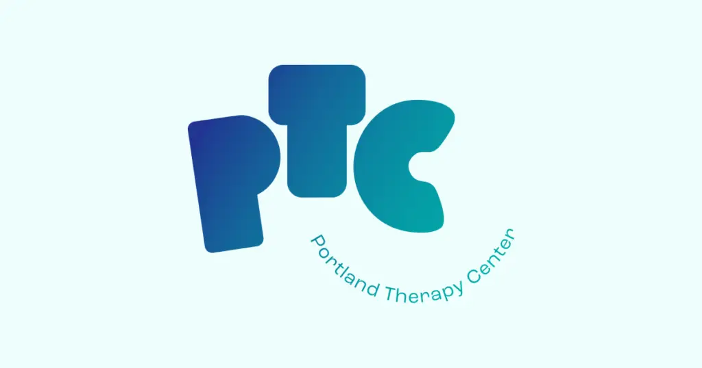 Logo for Portland Therapy Center. Features the letters "PTC" in gradient blue-green colors, with "Portland Therapy Center" artfully written beneath in a curved line. Set against a light background, it embodies the essence of mental health and wellness.