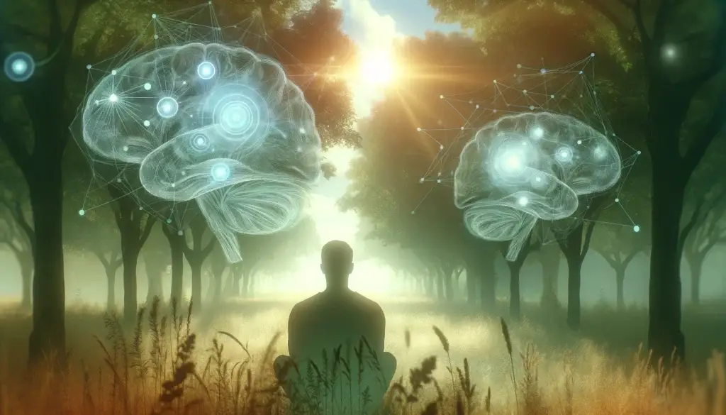 In a sunlit forest, a person sits peacefully, facing away. Two translucent brain diagrams float above, their intricate lines symbolizing the interconnected thoughts of mental health. This serene setting reflects the tranquility found in Portland therapy's unique approach to understanding ADHD.