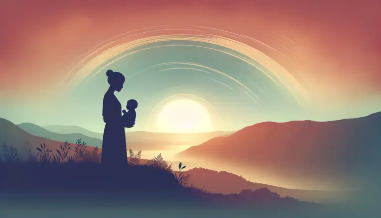 Silhouette of a person holding a baby on a hill, symbolizing mental health solace, overlooking a vibrant sunset. The sky features colorful swirls and a glowing sun, with mountains and a calm body of water in the background. Lush plants adorn the foreground.