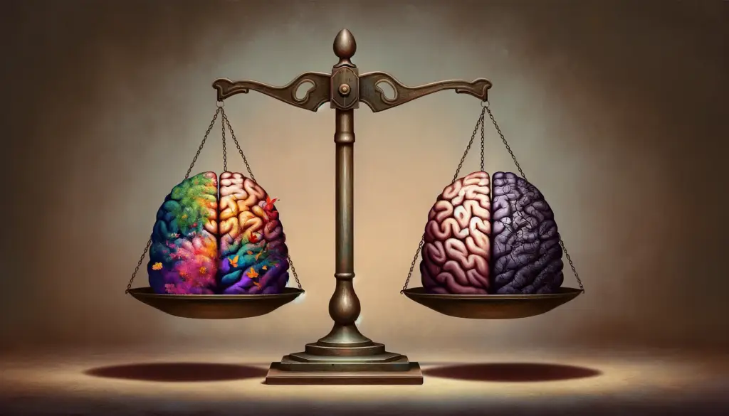 An artistic illustration of a balance scale with two brain halves; the left brain is colorful, representing creativity, while the right is monochrome, symbolizing logic. The background, reflecting Light Side Wellness Co's ethos on mental health and ADHD, features a soft brown gradient.