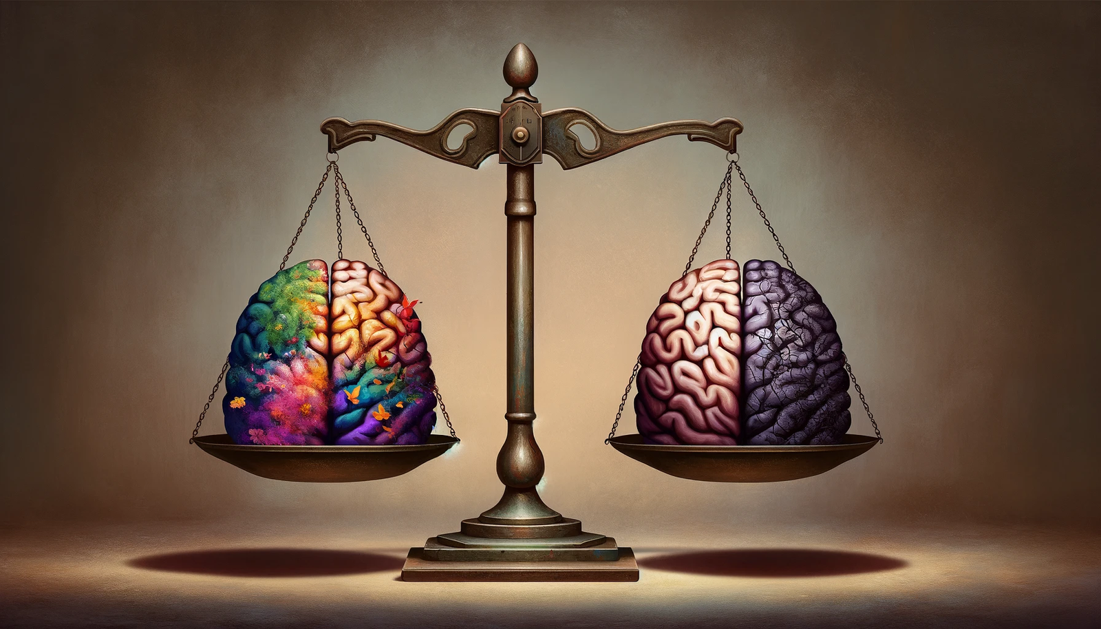 Balanced scales contrasting emotional maturity and substance abuse impact: One side shows a vibrant, flourishing brain symbolizing emotional growth, while the other depicts a dim, fragmented brain representing substance abuse effects