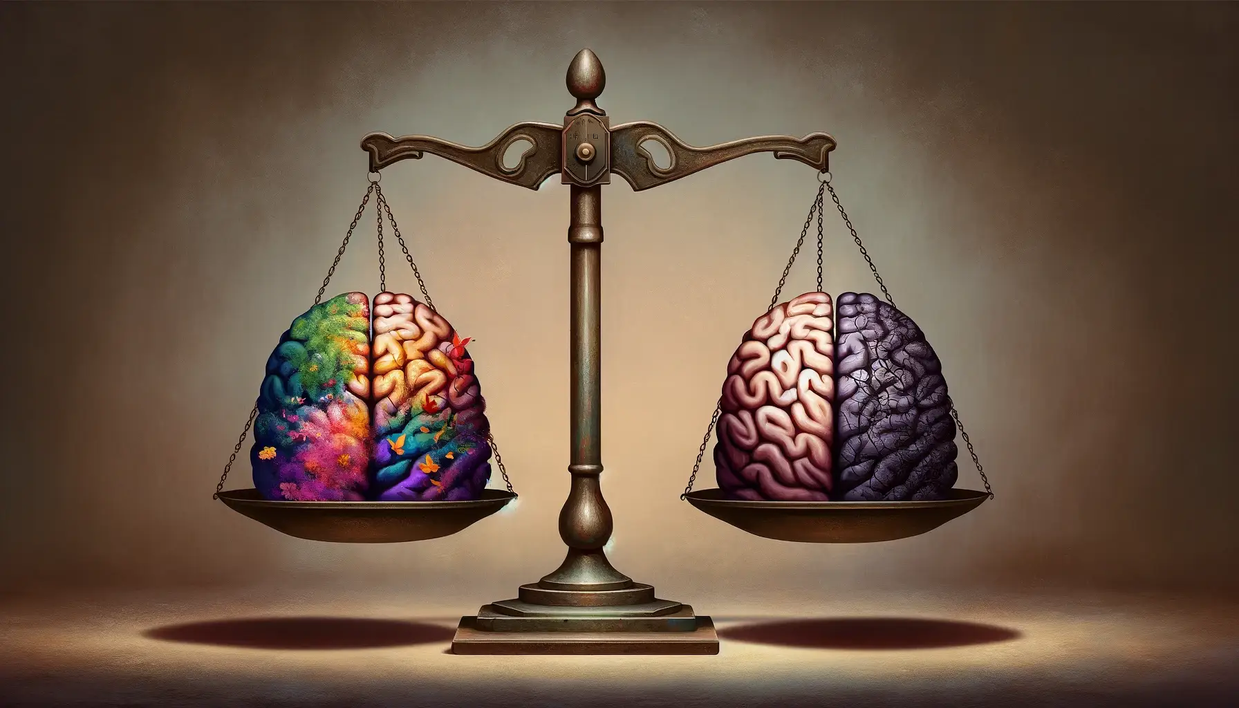 An artistic illustration of a balance scale with two brain halves; the left brain is colorful, representing creativity, while the right is monochrome, symbolizing logic. The background, reflecting Light Side Wellness Co's ethos on mental health and ADHD, features a soft brown gradient.