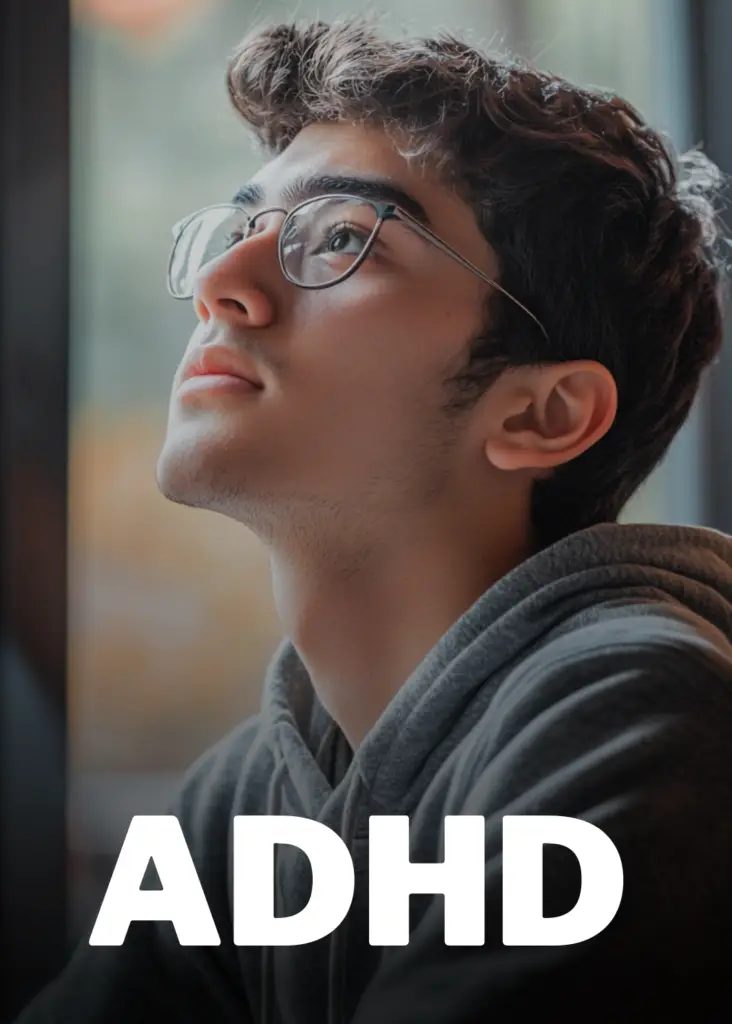 A young person with glasses and a hoodie looks thoughtfully upward, soft lighting highlighting their face. The word "ADHD" is prominently displayed at the bottom, hinting at Portland therapy offerings by Light Side Wellness Co.