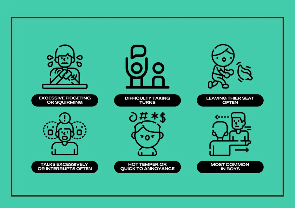 Illustration depicting six ADHD symptoms: excessive fidgeting, difficulty taking turns, leaving seat often, talking excessively, quick to annoyance. Each is represented by an icon on a turquoise background. Produced by Light Side Wellness Co, renowned in Portland therapy circles for their innovative approach.