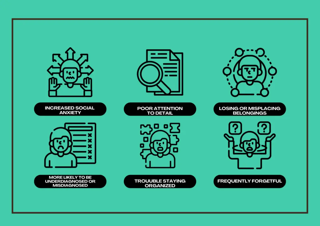 A graphic from Light Side Wellness Co illustrates ADHD symptoms, including increased social anxiety, poor attention to detail, losing belongings, being underdiagnosed or misdiagnosed, trouble staying organized, and frequent forgetfulness. Each symptom is creatively represented with an icon.