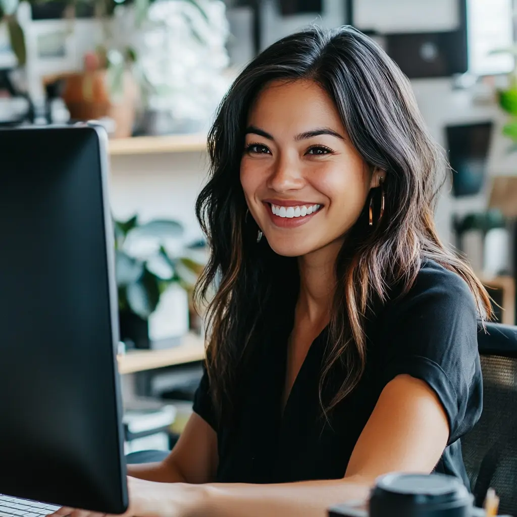 A woman with long dark hair smiles at a computer screen in a cozy office setting, embodying mental health positivity. She wears a black top and is seated at a desk. The background features shelves with plants and office supplies, reflecting her commitment to wellness.