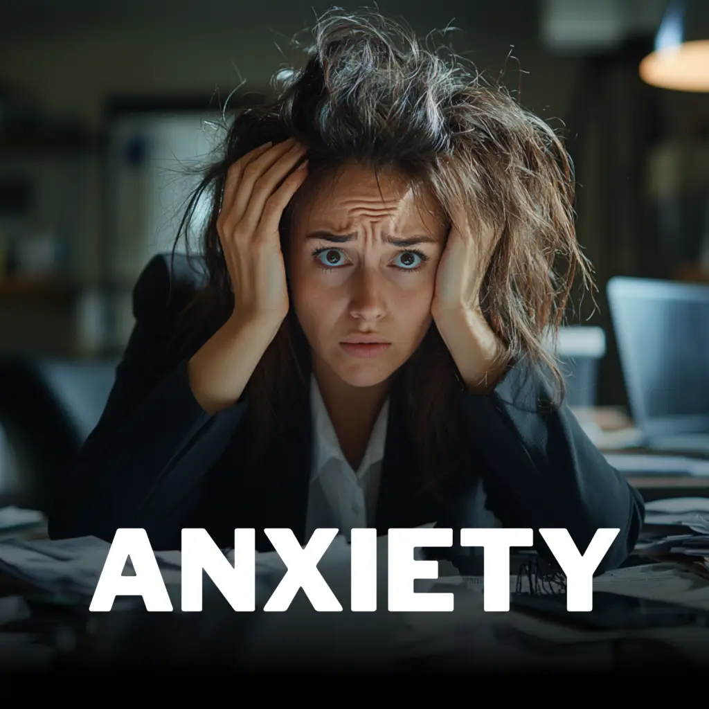 A woman with disheveled hair looks stressed, holding her head with both hands. She sits at a cluttered desk surrounded by papers. The word "ANXIETY" is prominently displayed at the bottom of the image, capturing a moment many seek to ease through Portland therapy and mental health support.