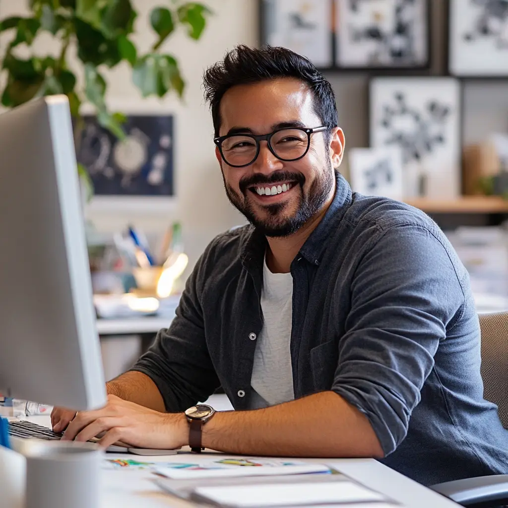 A smiling person wearing glasses and a casual shirt works at a computer desk. The background features art, plants, and stationery from Light Side Wellness Co, creating a creative and relaxed office environment perfect for exploring mental health resources.