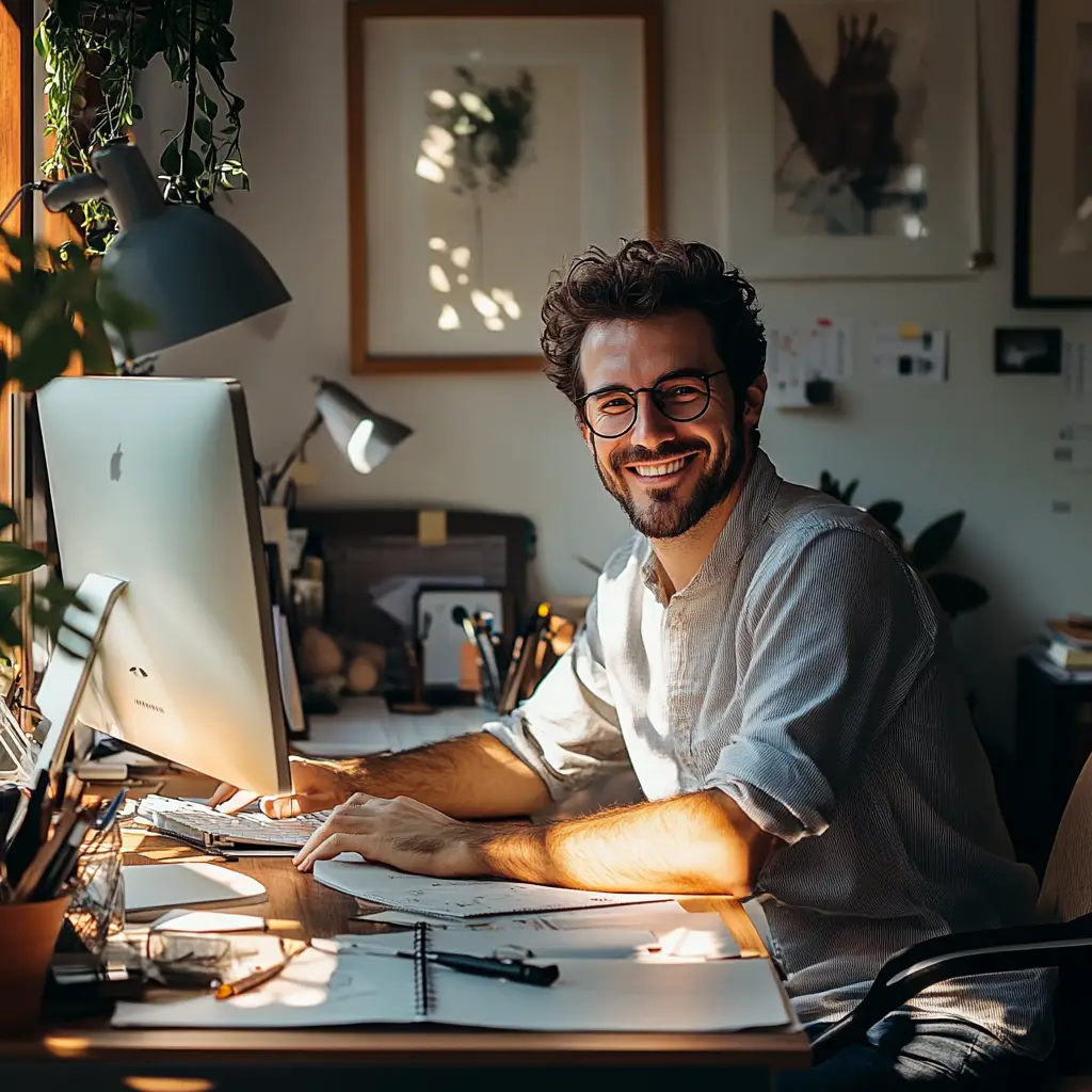 A person with glasses and a beard sits at a desk, smiling while working on a computer. The room is warmly lit by sunlight, with plants, art, and office supplies around. The atmosphere feels cozy and creative, embodying the serene vibe of Portland therapy.