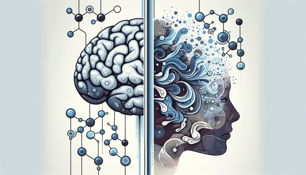 Illustration of a brain on the left and a silhouette of a face on the right, with abstract blue and white swirling patterns. Connected circles and lines suggest a blend of science and creativity, symbolizing mental health's intricacies.