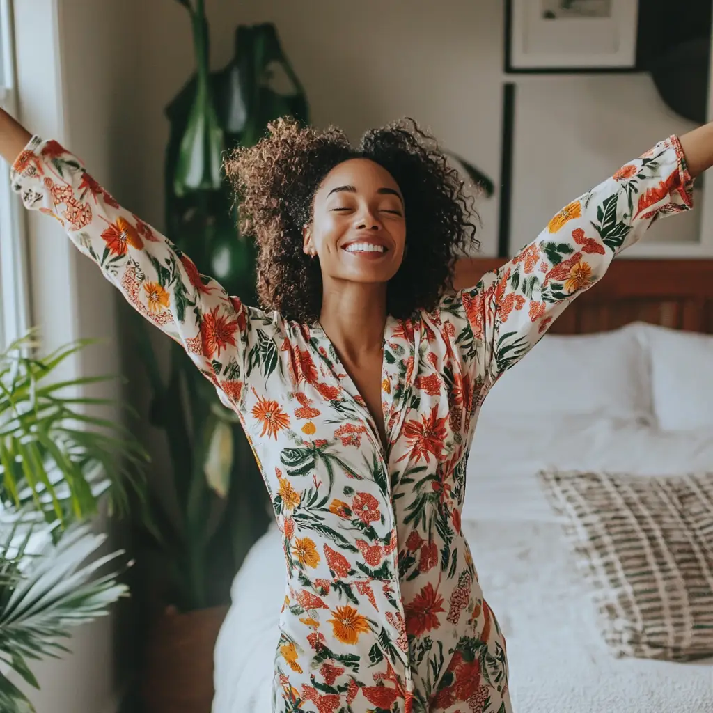 A person with curly hair is joyfully stretching their arms in a bright room filled with plants and framed pictures. Embracing Portland therapy vibes, they wear colorful floral pajamas, standing next to a bed with white sheets, radiating Light Side Wellness Co energy.