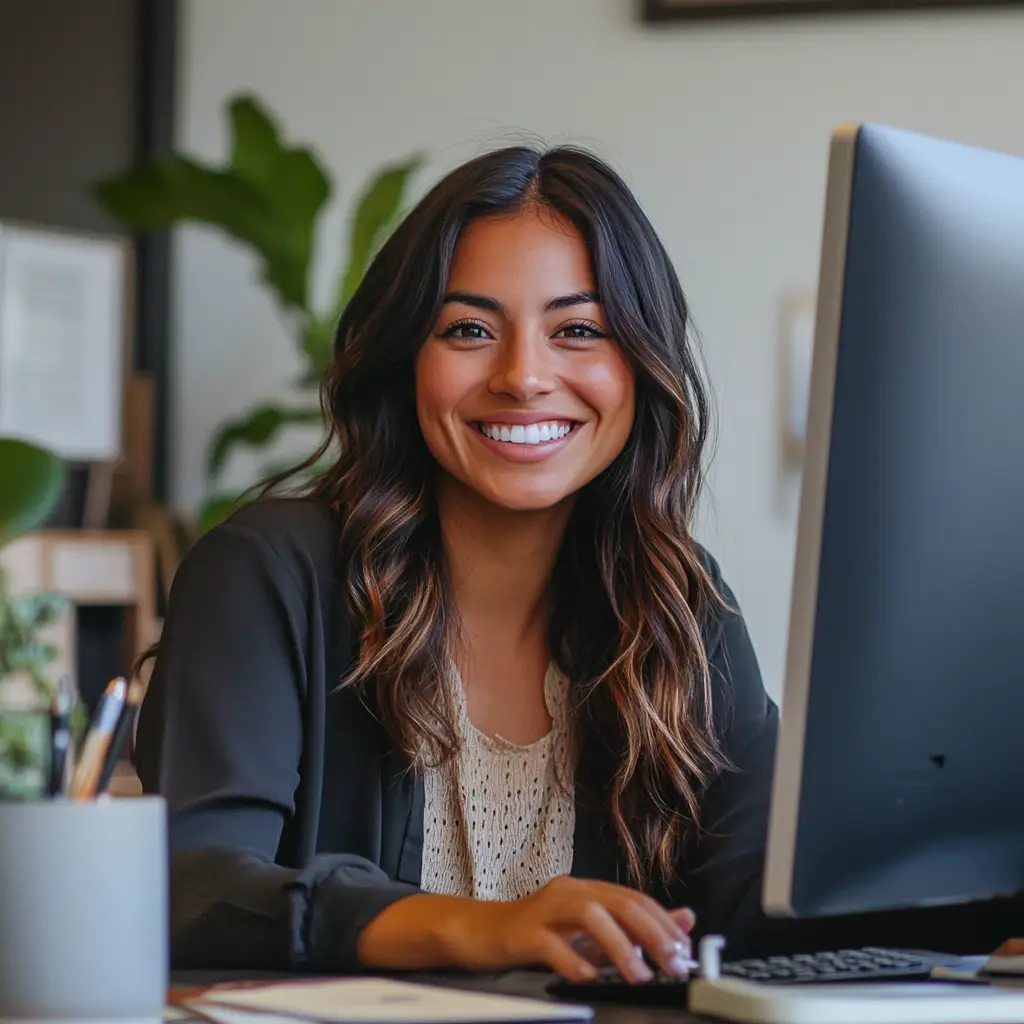 A woman with long brown hair, wearing a dark blazer and light blouse, smiles while sitting at a desk in front of a computer. The background features a plant and office decor, reflecting the calm atmosphere of Portland psychiatry.