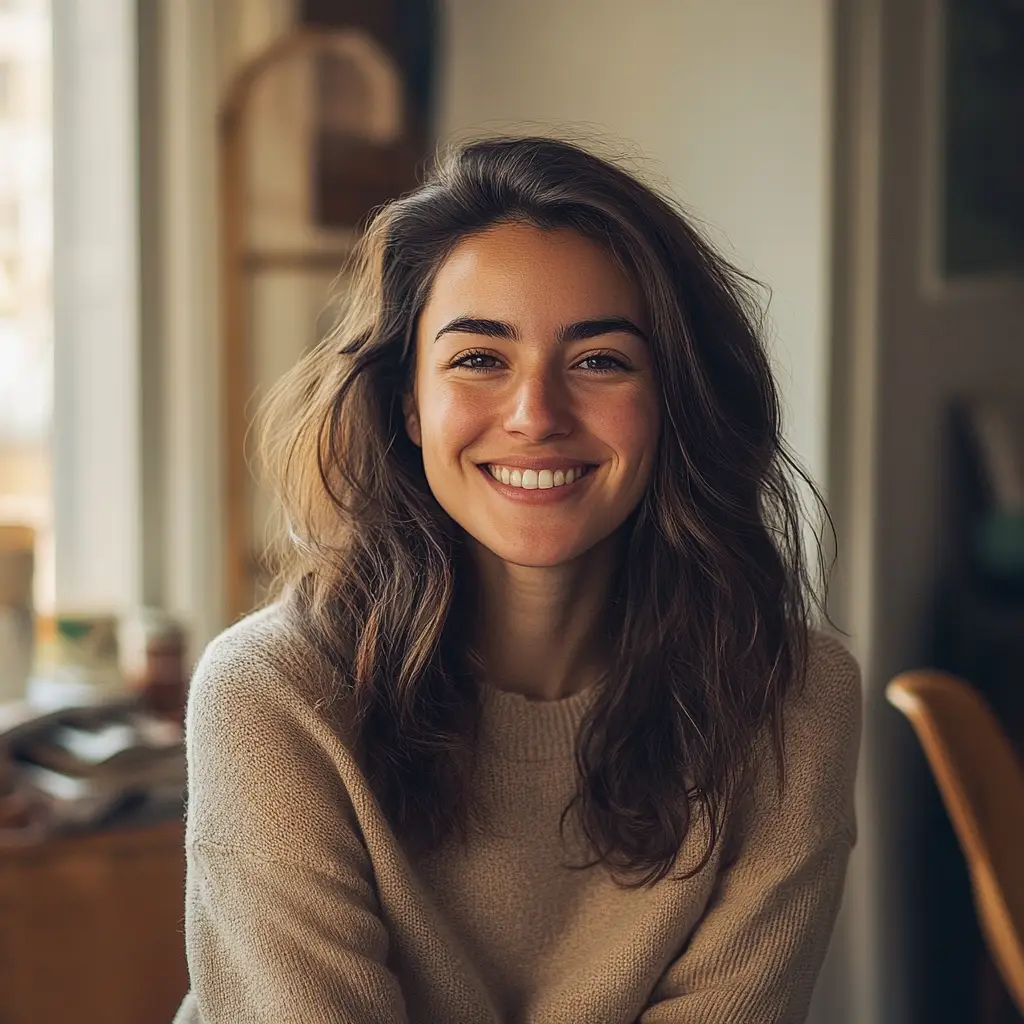 A person with long, wavy hair and a warm smile sits indoors, wearing a cozy sweater. The background is softly blurred, suggesting a comfortable, homey setting—perhaps the perfect spot for a moment of reflection on mental health or ADHD with Portland therapy nearby.