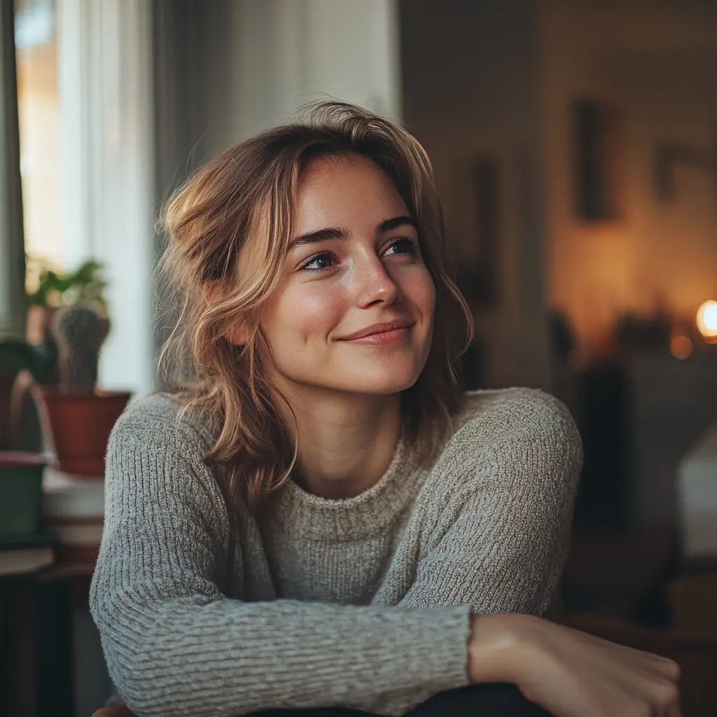 A person with short, light brown hair sits indoors, smiling softly while looking into the distance. They wear a cozy gray sweater, and the warmly lit room suggests a Portland therapy setting, with plants and home décor adding a comforting touch in the background.