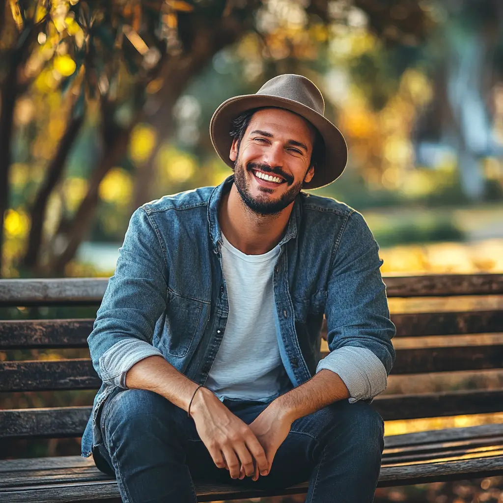 A man with a hat sits smiling on a bench in a park, reflecting the relaxed ambiance of Light Side Wellness Co. He's wearing a denim shirt over a white T-shirt, with trees and sunlight weaving through, creating a warm, vibrant backdrop.