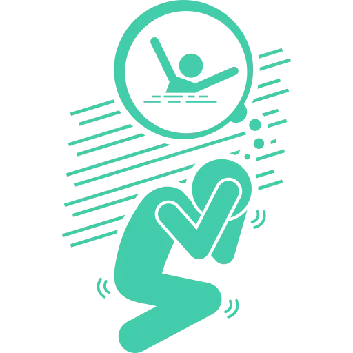 An illustration of a person crouching with hands covering their head, symbolizing stress or anxiety, often linked to ADHD. Above is a thought bubble with a swimmer, reflecting thoughts of escape or relaxation through swimming as part of their mental health journey.