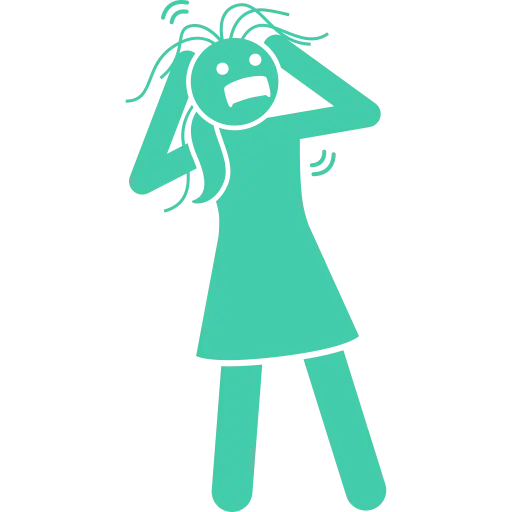 A simple stick figure with hair stands with wide eyes, mouth open, and hands on head in a startled or confused pose, capturing the essence of mental health awareness. The teal figure is set against a transparent background.