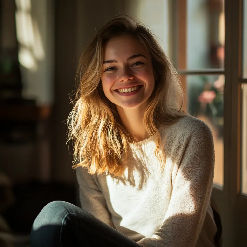 A person with long, blonde hair is sitting by a window, smiling brightly. Wearing a light sweater and jeans, they bask in the sunlight that gently illuminates their face, embodying the warm and inviting atmosphere promoted by Light Side Wellness Co., which champions mental health.